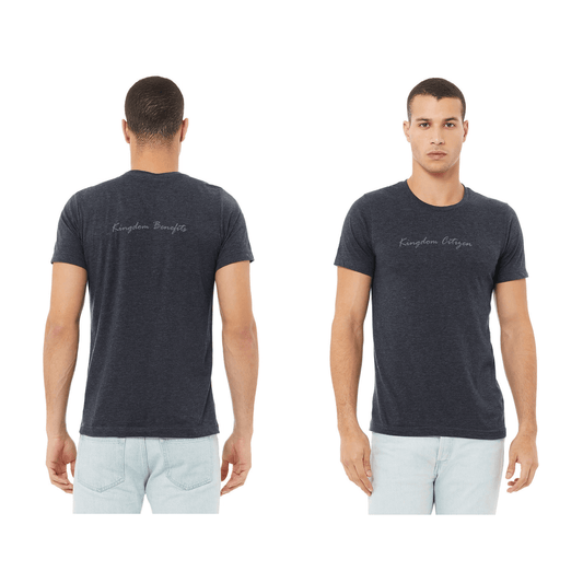 "Kingdom Citizen, Kingdom Benefits," Color - Charcoal, Supremely soft 52% Airlume combed and ring-spun cotton, 48% Polyester, Tailored fit, Side-seamed, Unisex sizing, Pre-shrunk, Short sleeves, Logo left sleeve, Crew neck