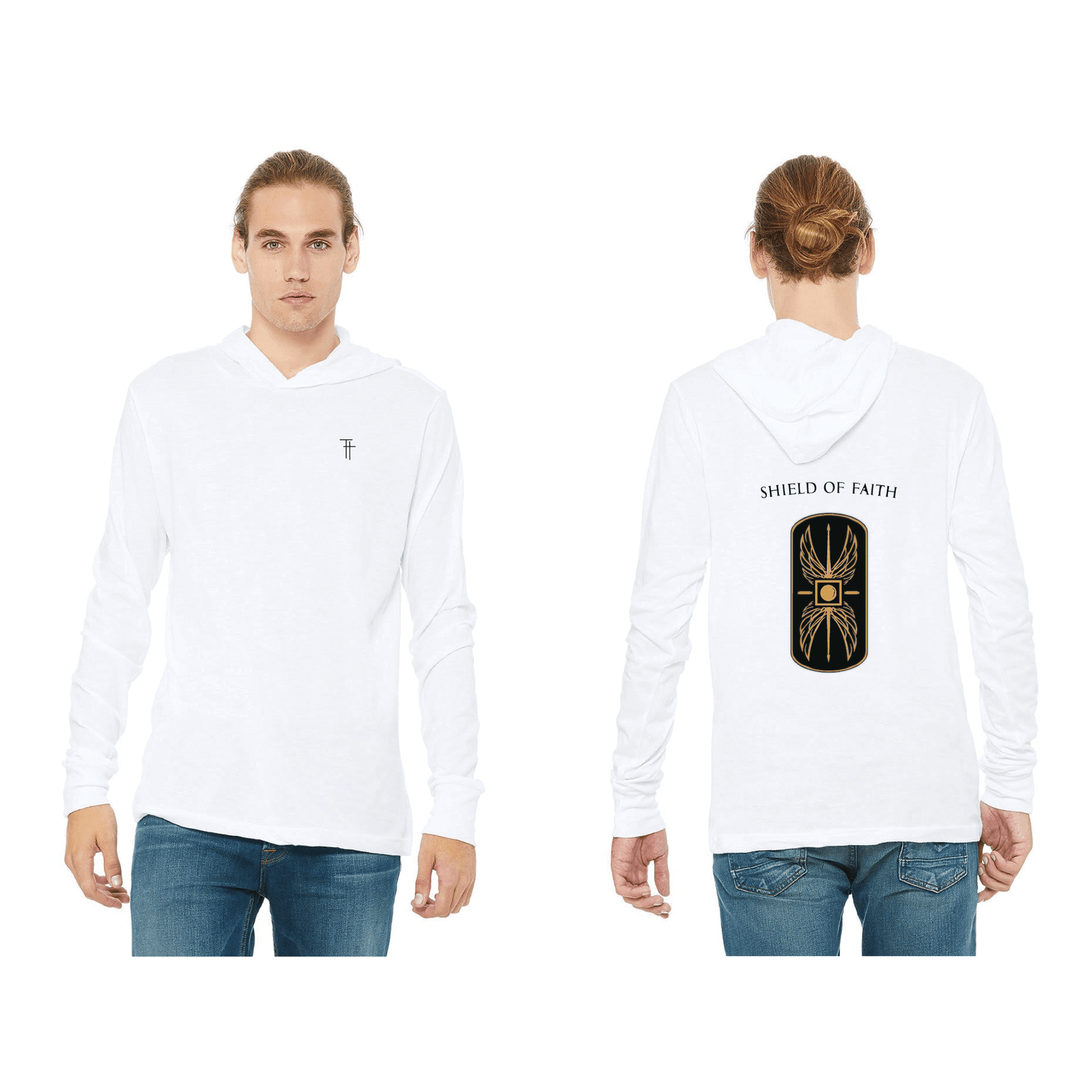 "Shield of Faith," Color - White, Supremely soft 100% Airlume combed and ring-spun cotton, Regular fit, Side-seamed, Unisex sizing, Pre-shrunk, Long sleeves, Hoodie