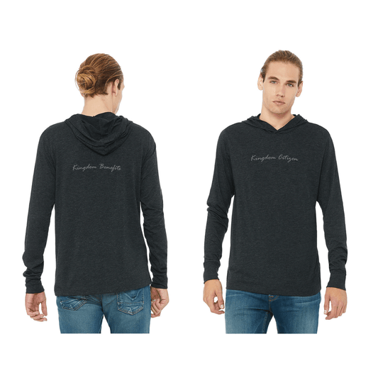 "Kingdom Citizen, Kingdom Benefits," Color - Charcoal-Black, Supremely soft 25% Airlume combed and ring-spun cotton, 50% Polyester, 25% Rayon, Regular fit, Side-seamed, Unisex sizing, Pre-shrunk, Long sleeves, Logo left sleeve, Hoodie