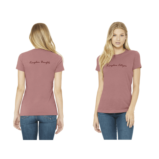 "Kingdom Citizen, Kingdom Benefits," Color - Mauve, Supremely soft 100% Airlume combed and ring-spun cotton, Slim feminine fit, Longer body length, Side-seamed, Shoulder taping, Logo left sleeve, Pre-shrunk