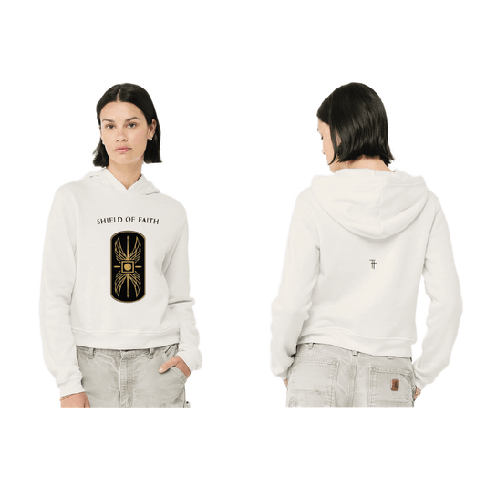 "Shield of Faith," Color - Vintage White, An updated essential crafted in an ultra soft sponge fleece (52% Airlume combed and ring-spun cotton, 48% Polyester fleece), Mid-length Crop hoodie, Mid-length Silhouette, Drawcord-free, Pre-shrunk, Hoodie